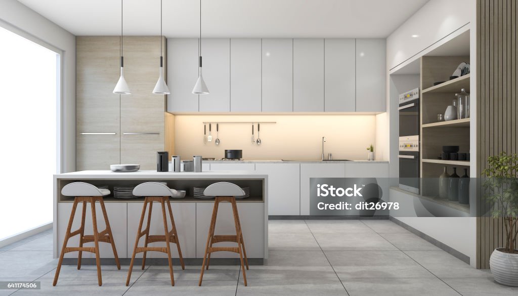 3d rendering white modern design kitchen with lamp 3d interior rendering Kitchen Stock Photo