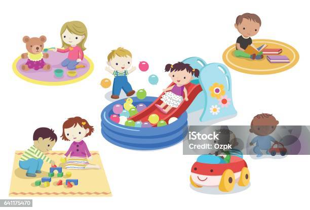 Children Playing With Toys In Kindergarten Stock Illustration - Download Image Now - Baby - Human Age, Preschool, Playing