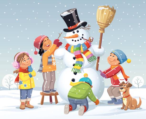 illustrations, cliparts, dessins animés et icônes de enfants de construire un bonhomme de neige dans la prairie - christmas child friendship little boys