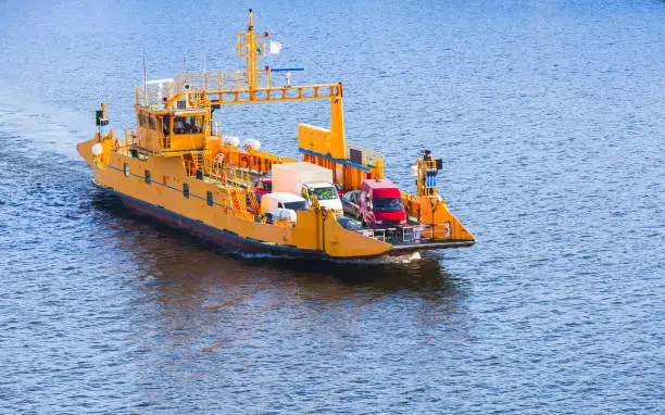 Yellow Ro-Ro cargo ship goes on ferry route near Stockholm, Sweden