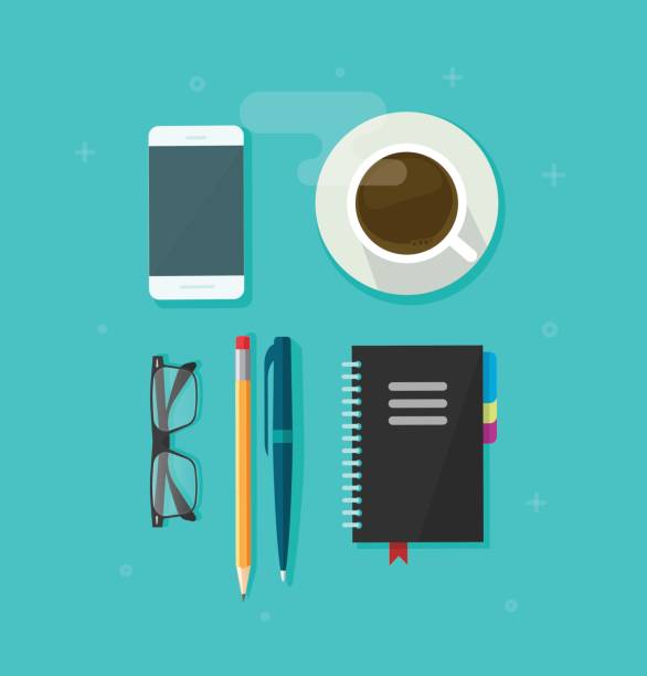 ilustrações de stock, clip art, desenhos animados e ícones de desktop table with objects vector, table with office items, pen, pencil, glasses, notebook, coffee cup - personal organizer telephone group of objects diary