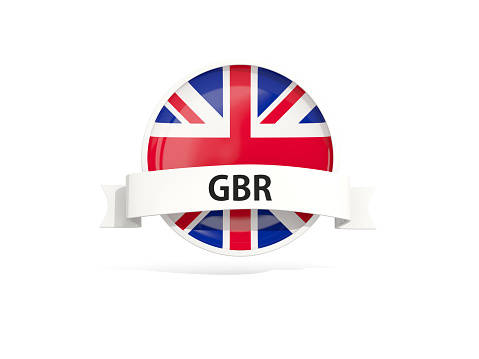 Flag of united kingdom with banner and country code isolated on white. 3D illustration