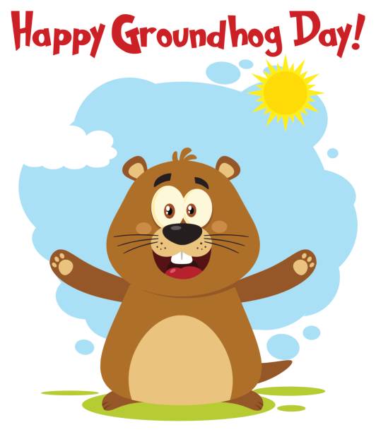 istock Happy Marmot Cartoon Mascot Character With Open Arms And Text Happy Groundhog Day 641178826