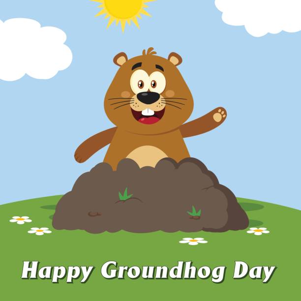 istock Marmot Cartoon Mascot Character Waving In Groundhog Day. Illustration Flat Design With Background And Text Happy Groundhog Day 641178942
