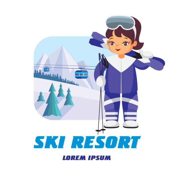 winter resort emblem The vector image of the skier in the background of a winter mountain landscape. kids snow suits stock illustrations