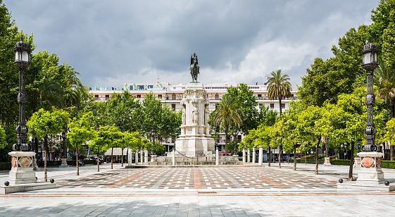 Plaza Nueva with statue of King Ferdinand III of Castile also known as San Fernando, who reconquered the city from the Moors. Seville. Spain.