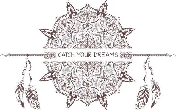 Vector illustration of Hand drawn boho style design with mandala, arrow and feathers.