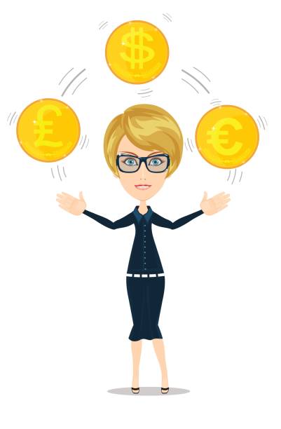 geschäftsfrau, jonglieren mit goldmünzen - finance juggling businessman euro symbol stock-grafiken, -clipart, -cartoons und -symbole