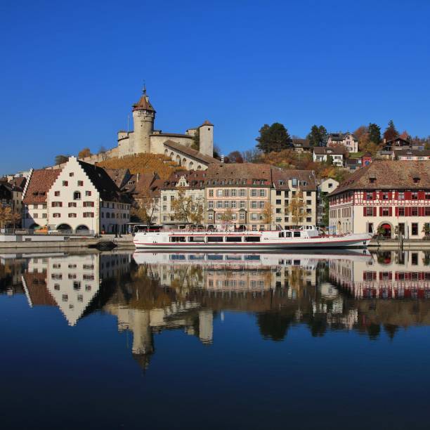 istock Old town Schaffhausen mirroring in the Rhine 641186032