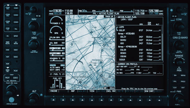 Computer in cockpit. Airplane glass cockpit display with weather radar and engine gauges  in small private airplane