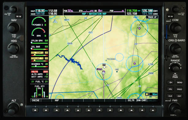 istock Computer in cockpit. Airplane glass cockpit display with weather radar and engine gauges  in small private airplane 641189338