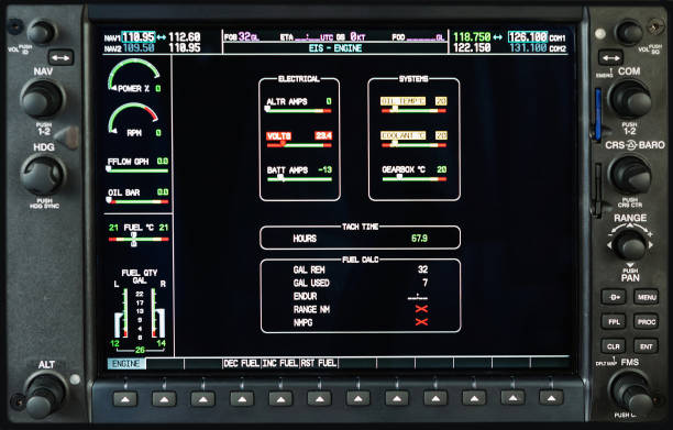 istock Computer in cockpit. Airplane glass cockpit display with weather radar and engine gauges  in small private airplane 641189382