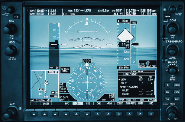 istock Computer in cockpit. Airplane glass cockpit display with weather radar and engine gauges  in small private airplane 641189384