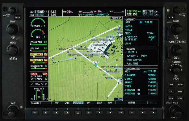 istock Computer in cockpit. Airplane glass cockpit display with weather radar and engine gauges  in small private airplane 641189394
