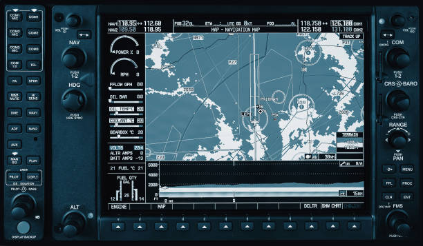 istock Computer in cockpit. Airplane glass cockpit display with weather radar and engine gauges  in small private airplane 641189408