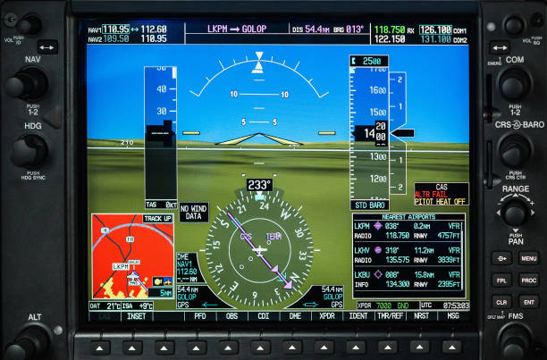 istock Computer in cockpit. Airplane glass cockpit display with weather radar and engine gauges  in small private airplane 641189426