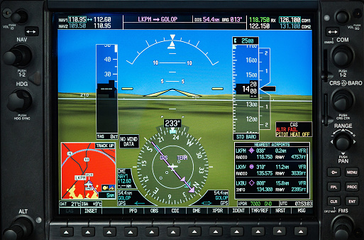 Computer in cockpit. Airplane glass cockpit display with weather radar and engine gauges  in small private airplane