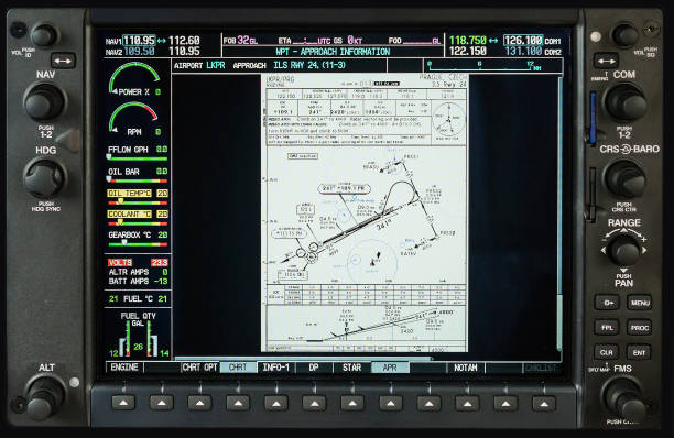 Computer in cockpit. Airplane glass cockpit display with weather radar and engine gauges  in small private airplane
