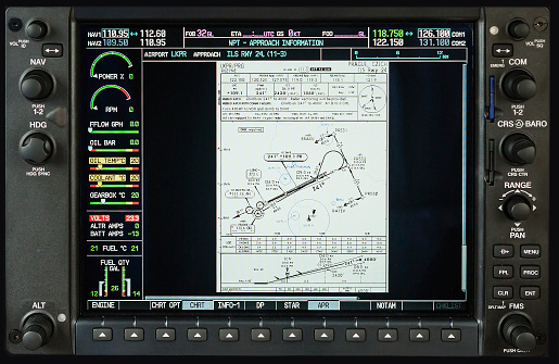 Airplane glass cockpit display with flights map  in small private airplane