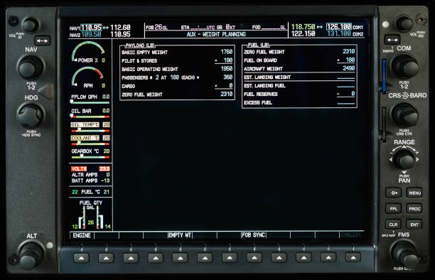 istock Computer in cockpit. Airplane glass cockpit display with weather radar and engine gauges  in small private airplane 641189436