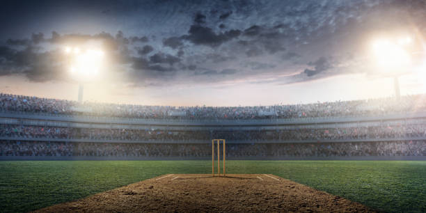 Cricket: Cricket stadium Cricket stadium full of people under nasty weather. The stadium is full of people. All details are made in 3D. wicket stock pictures, royalty-free photos & images