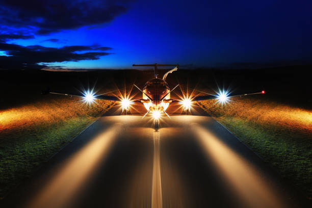 Single turboprop aircraft on the groun, night