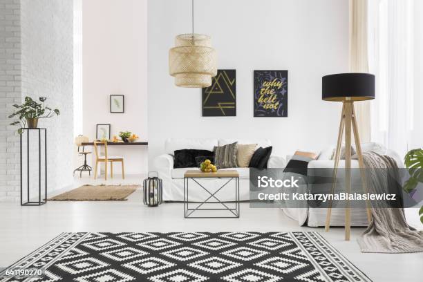 Apartment With White Brick Wall Stock Photo - Download Image Now - Living Room, Carpet - Decor, Indoors