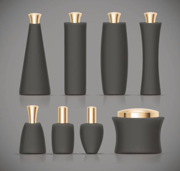 istock Set of dark Luxury cosmetic packaging collection with gold cap and blank space for your design isolated vector illustration 641192126
