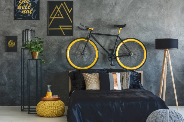 istock Trendy bedroom with wall posters 641192790