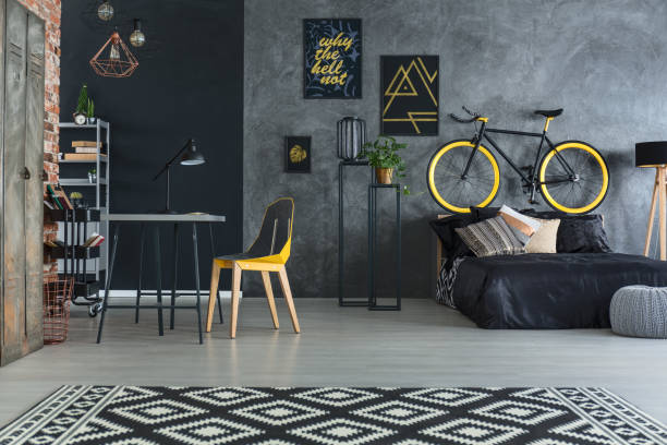 hipster sypialnia z łóżkiem - poster bed zdjęcia i obrazy z banku zdjęć