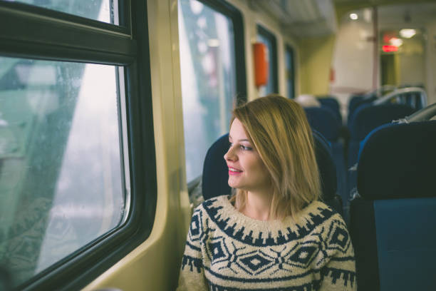 istock woman traveling looking out the window while sitting 641201050