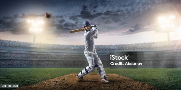 Cricket Batsman On The Stadium In Action Stock Photo - Download Image Now - Sport of Cricket, Stadium, Batsman