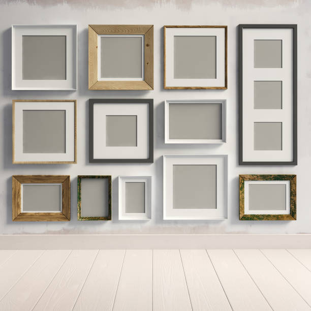 istock 3d illustration, loft interior with a large number of frames. 641205536