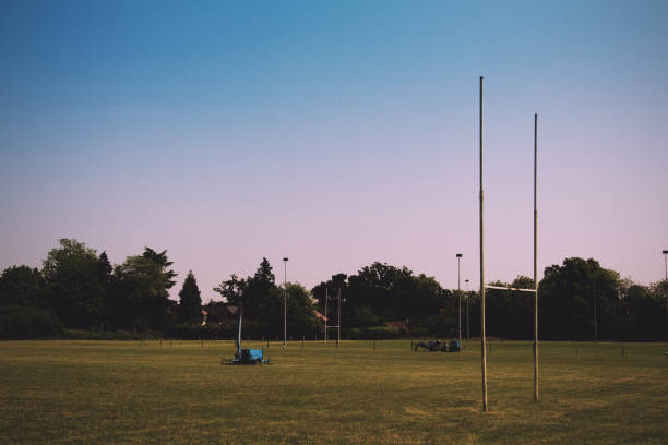 Empty rugby pitches in a local park Vintage Retro Filter. stock photo