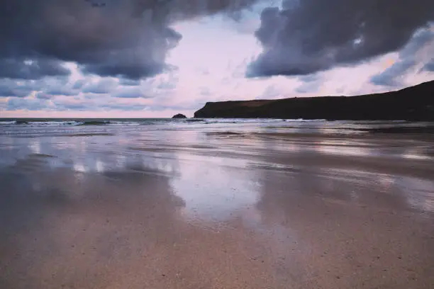 Photo of Early morning view of the beach at Polzeath Vintage Retro Filter.
