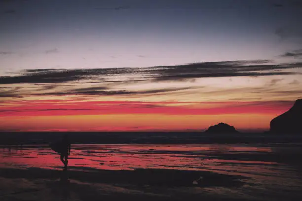 Photo of Colourful sunset over the beach at Polzeath Vintage Retro Filter.