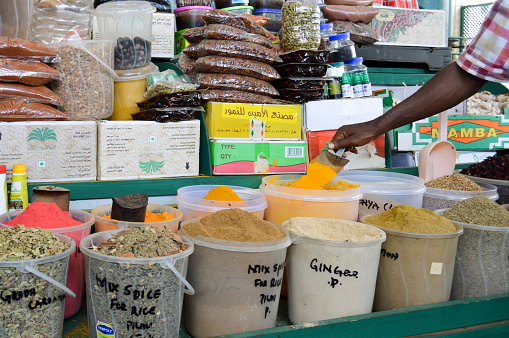 Display of spices of all colors on the spice market in Mombasa, Kenya