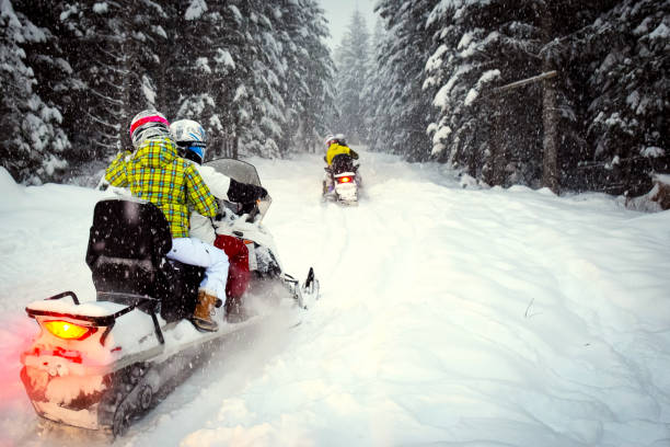 istock Couple snow mobile in snow storm 641212518