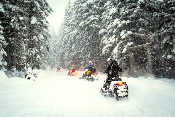 pareja de nieve móvil en tormenta de nieve - motoesquí fotografías e imágenes de stock