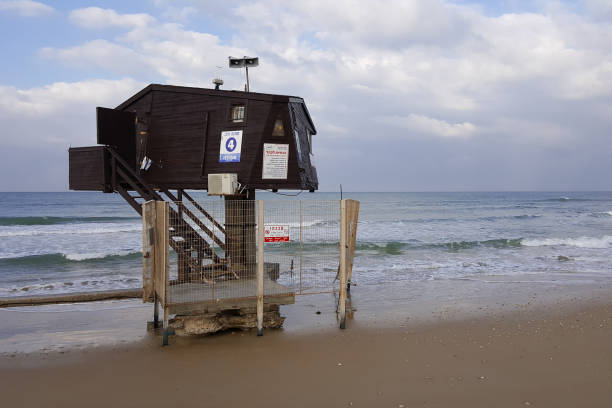 istock Rescue booth, tower for lifeguards placed on the sea beach 641215490