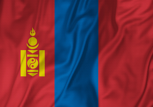 Closeup of Ruffled Mongolia Flag, Mongolia Flag Blowing in Wind