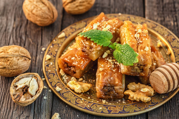 istock Traditional arabic dessert Baklava with honey and walnuts 641218566