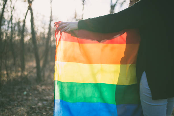 istock Happy lesbian couple holding rainbow flag 641222290