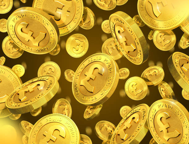 Falling gold coins with pound sign. 3d rendering Falling gold coins with pound sign. 3d rendering one pound coin stock illustrations