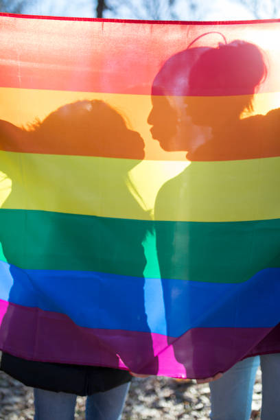 istock Happy lesbian couple holding rainbow flag 641223060