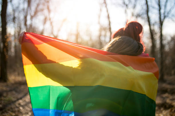 istock Happy lesbian couple holding rainbow flag 641224618