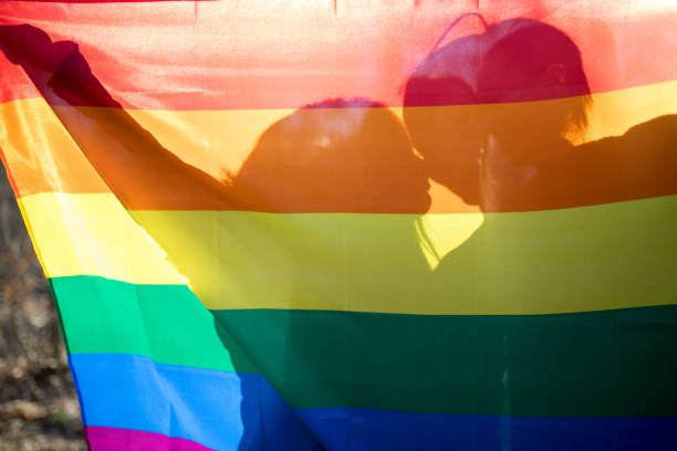istock Happy lesbian couple holding rainbow flag 641225902