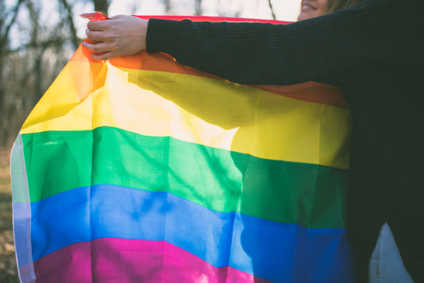istock Happy lesbian couple holding rainbow flag 641226822