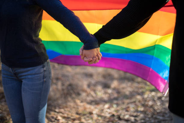istock Happy lesbian couple holding hands over rainbow flag background 641227424