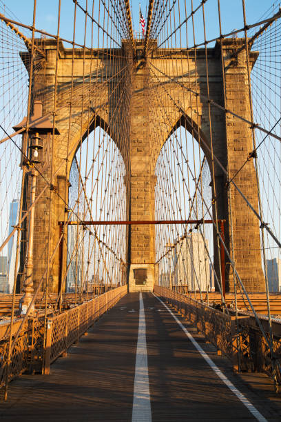 View from East River of the Brooklyn Bridge and skyline in New York City, New York